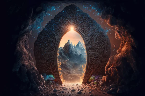 illustration of  ancient rock gate open to other world, other di